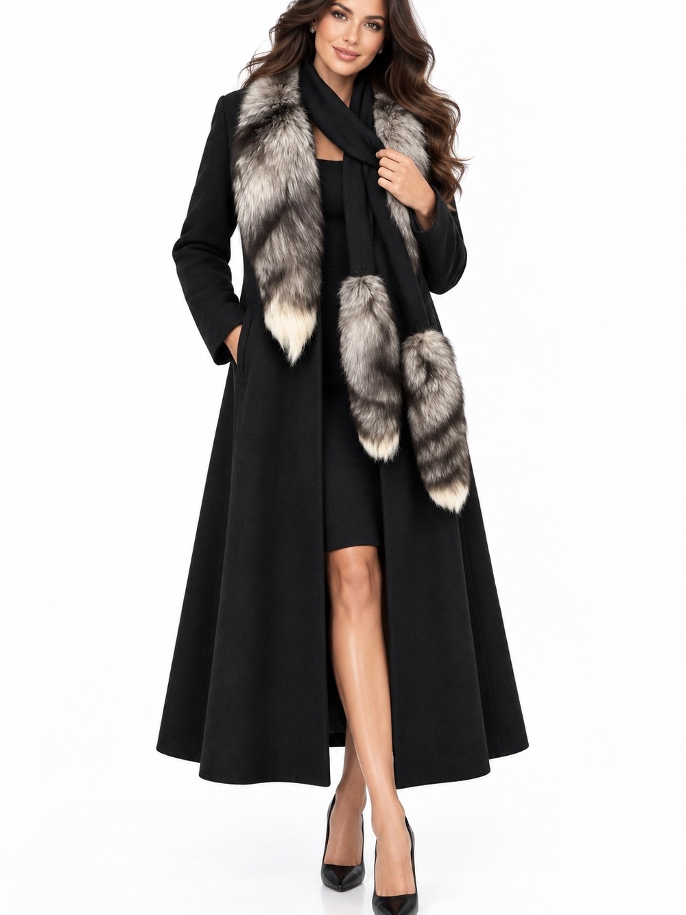 Vintage Black Wool Long Coat with detachable Silver Fox  Fur Trim